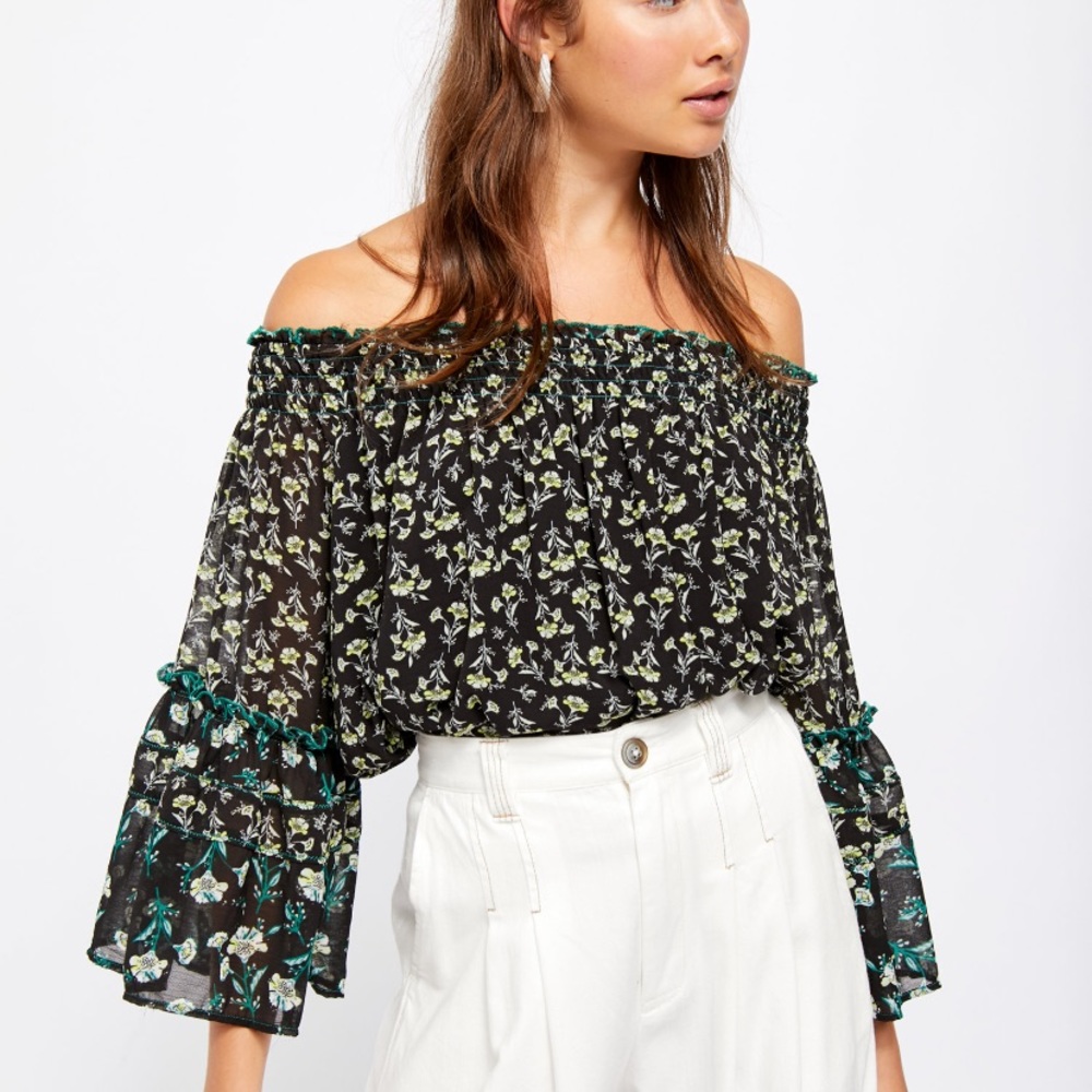Free People Rose Valley Printed Blouse, Black